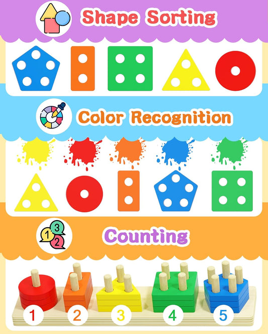 Montessori Toys for 1 2 3 Year Old Boy Girl, Toys for Ages 2-4 Toddlers Kids Baby, 1 2 Year Old Birthday Gifts, Wooden Learning Puzzles Easter Basket Stuffers Toys for Toddlers 1-3