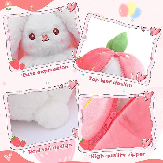 Bunny Stuffed Animal Reversible Cuddle Bunny Stuffed,Strawberry Bunny Transformed Rabbit Plush Zipper,Turns Into Ears Bunnies Plushies Toy Cute Stuffy Doll Easter Girlfriend Gift