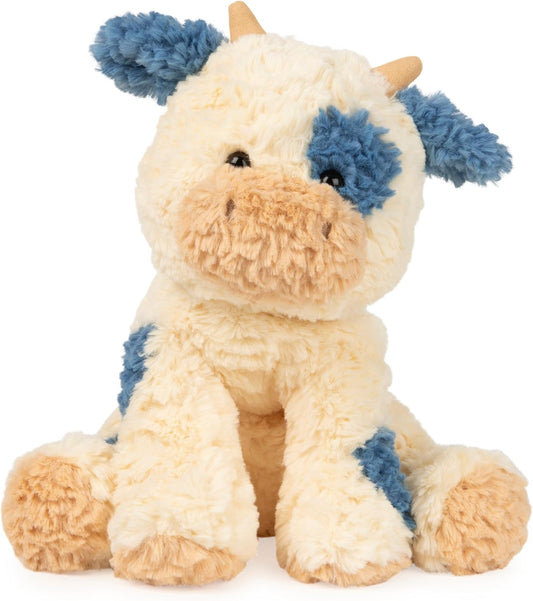 Cow Stuffed Animal for Ages 1 and Up, Spring Decor Plush Toy, Cream/Blue, 10”